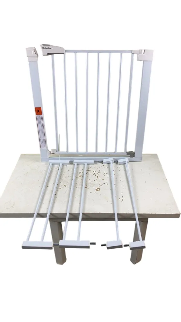 BABELIO Pressure Mounted Metal Baby Gate, White, 4 pieces, Door & Extension